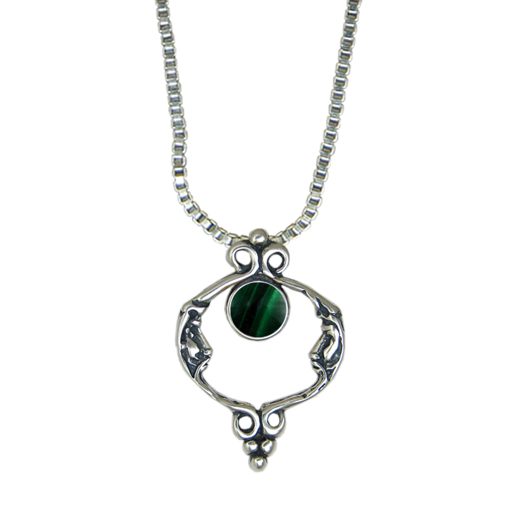 Sterling Silver Unusual Double Moon Necklace With Malachite